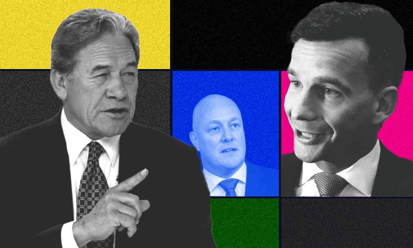 Winston Peters, Christopher Luxon and David Seymour. (Image Tina Tiller) 
