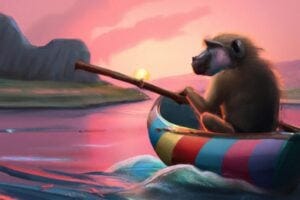 DALL-E's version of a cute baboon sailing a colorful dinghy at sunset.