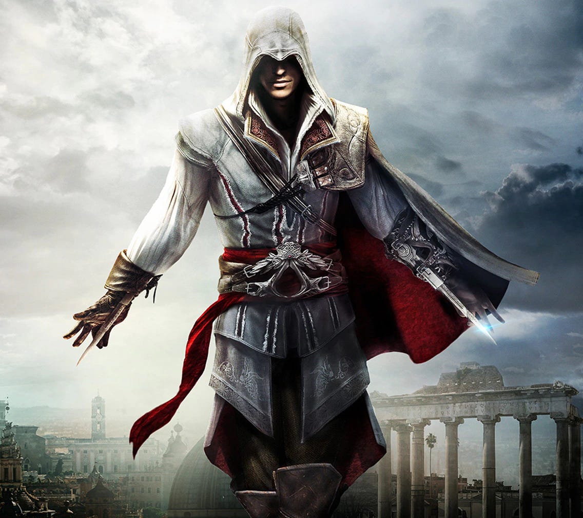 Cover art for Assassin's Creed Two. Which depicts the main protagonist Ezio with his arms spread apart.