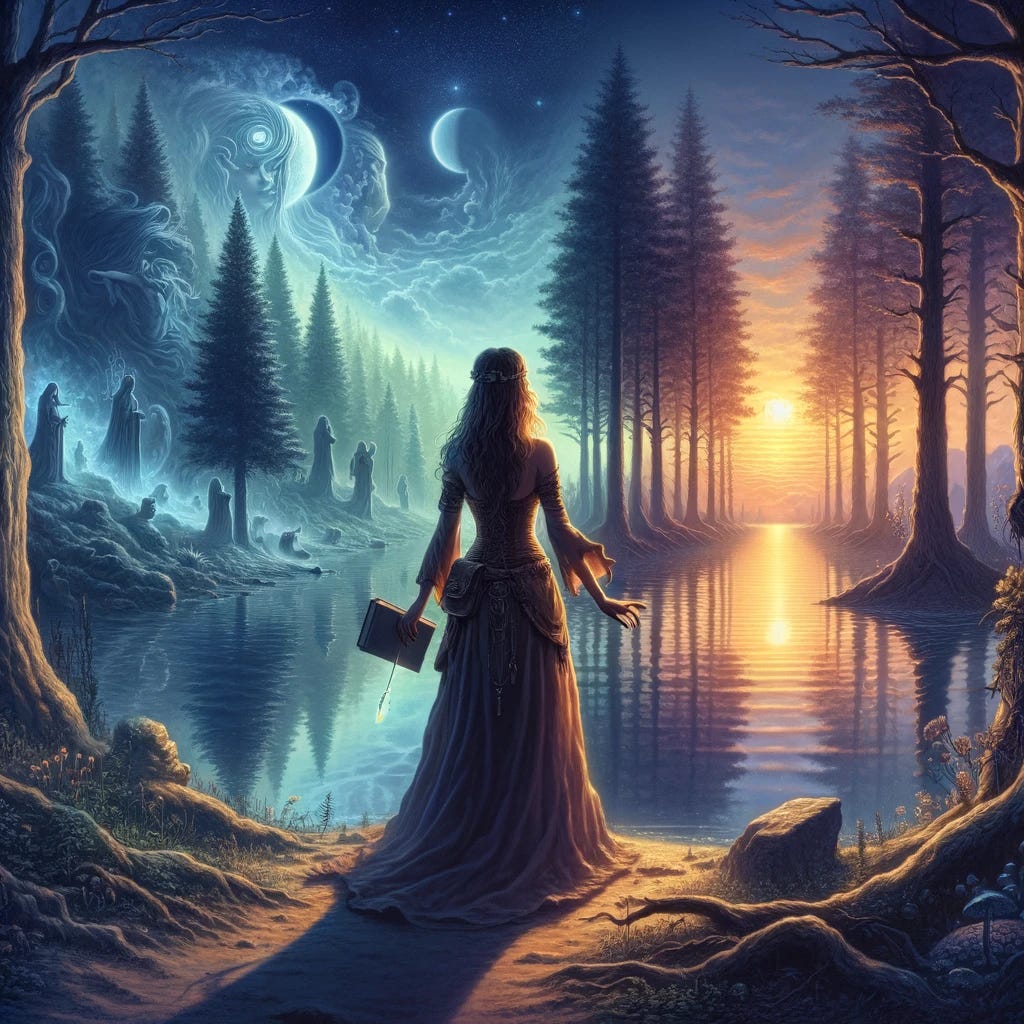 Visualize The Wounded Dreamer standing at the edge of Mirrormere, the mystical realm that has been both her challenge and her sanctuary. The scene is twilight, a time of transition that reflects her journey from darkness into light. Behind her, the forest teems with life and mystery, representing the trials, growth, and discoveries she has made. Before her, the serene waters of Mirrormere stretch out, mirroring the sky and symbolizing the depth of her inner world and the dreams she yearns to fulfill. In her hands, she holds a book and a quill, signifying her story and the creative spirit through which she expresses her essence. The Wounded Dreamer's gaze is forward, looking towards the horizon where the setting sun meets the rising moon, embodying her hope, resilience, and the balance she seeks between her dreams and reality. Her silhouette is illuminated by the last rays of the sun, casting a long shadow on the path behind her, signifying the legacy of her journey. This image aims to capture the soul of The Wounded Dreamer's narrative, her profound inner world, and the indomitable spirit that guides her through the enchanted realm of Mirrormere and beyond.