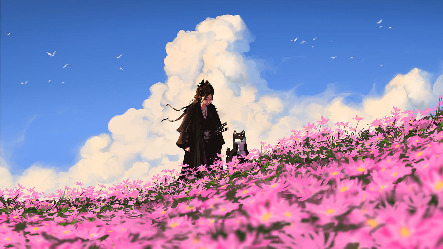 General 3840x2160 Sam Yang digital art artwork illustration women clouds birds long hair dark hair katana Shiba Inu field flowers 4K sky