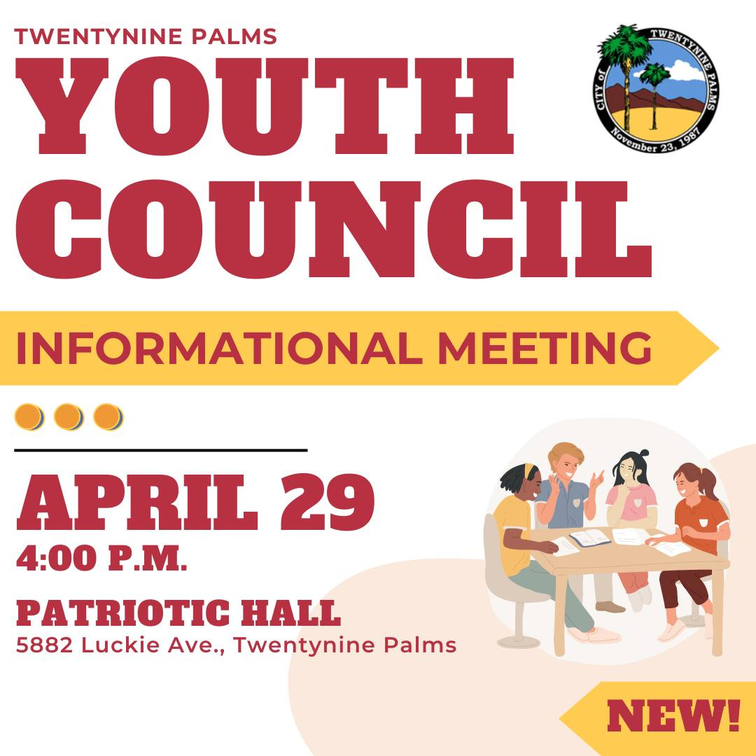 May be an image of 1 person and text that says 'PASNANT TWENTYNINE PALMS YOUTH O IGrembor 23 1987 COUNCIL INFORMATIONAL MEETING APRIL 29 4:00 P.M. PATRIOTIC HALL 5882 Luckie Ave., Twentynine Palms NEW!'