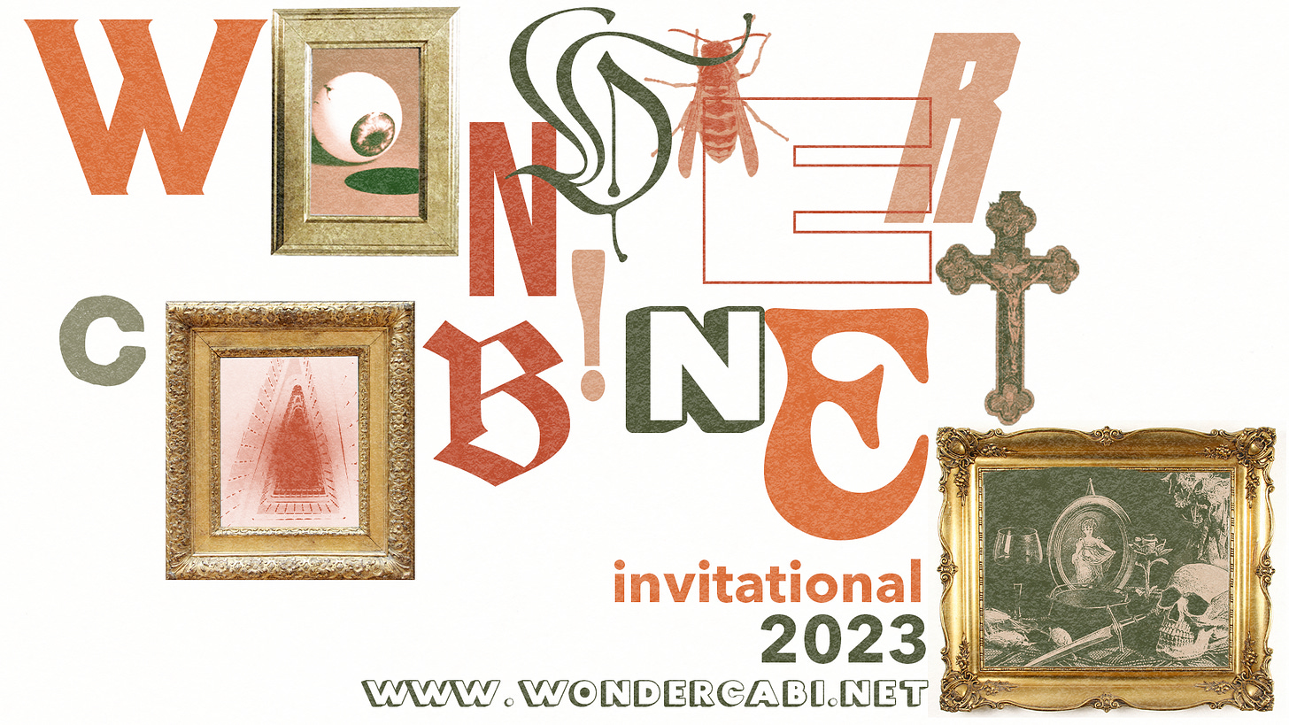 Wondercabinet Invitational banner featuring frames containing random things and the url www.wondercabi.net