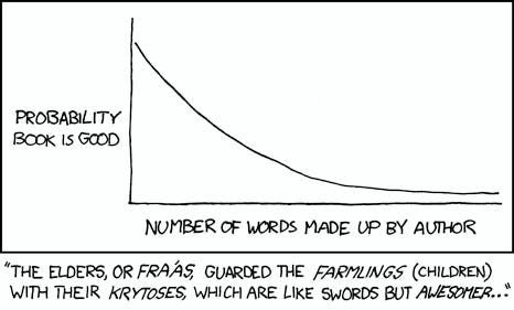 XKCD comic, which shows that as the number of words (or new concepts) introduced by the author increases, the probability of the book being good goes down.