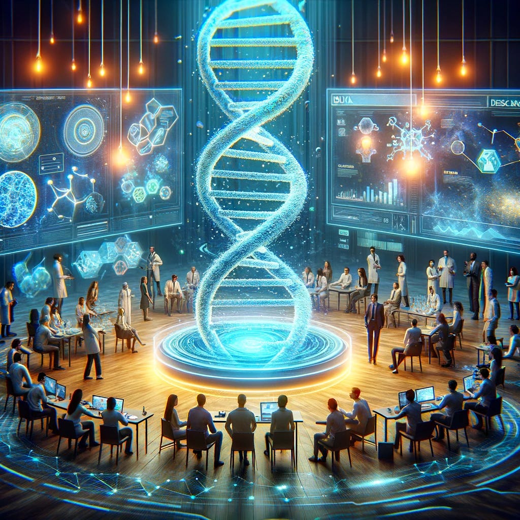 Visualize a futuristic concept where biology and technology merge through decentralized science (DeSci). Imagine a world where diverse individuals from various disciplines gather around a holographic display of a DNA helix, actively collaborating and sharing data. This scene represents the breaking down of traditional barriers in scientific research, facilitated by blockchain technology. The hologram glows brightly in a dimly lit room, symbolizing the beacon of innovation and accessibility that DeSci offers. Around the display, scientists, students, and innovators from different backgrounds are engaged in discussion and analysis, with digital interfaces and blockchain nodes visible in the background, illustrating the interconnected and democratic nature of DeSci's approach to biology. This image captures the essence of collective effort, transparency, and the potential for groundbreaking discoveries in genomics, biotechnology, and epidemiology, driven by the principles of decentralization.