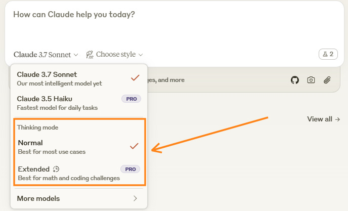Thinkingm modes - Normal and Extended - in Claude 3.7 Sonnet