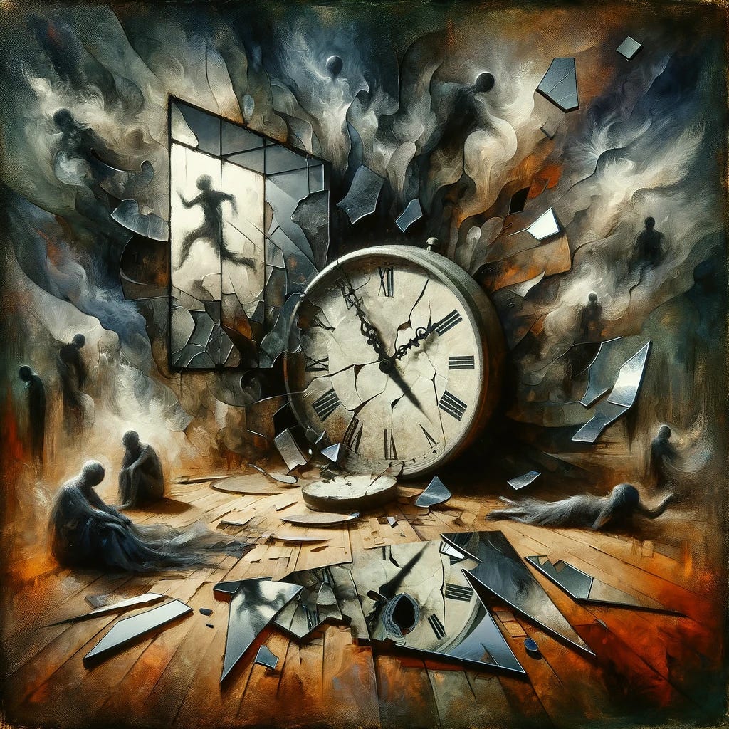 A scene depicting the concept of 'Fracasado' (meaning 'failure' in Spanish) in a symbolic, abstract manner. Imagine a canvas filled with dark, muted colors and chaotic, overlapping shapes. In the center, there's a broken clock, its hands scattered around, symbolizing lost time. Shattered pieces of a mirror reflect distorted images, representing the fragmentation of dreams and aspirations. Around these central elements, faint, ghostly silhouettes of people with their heads bowed, as if in defeat or disappointment, add to the atmosphere of despair. The overall scene conveys a sense of chaos, loss, and the emotional impact of failure.