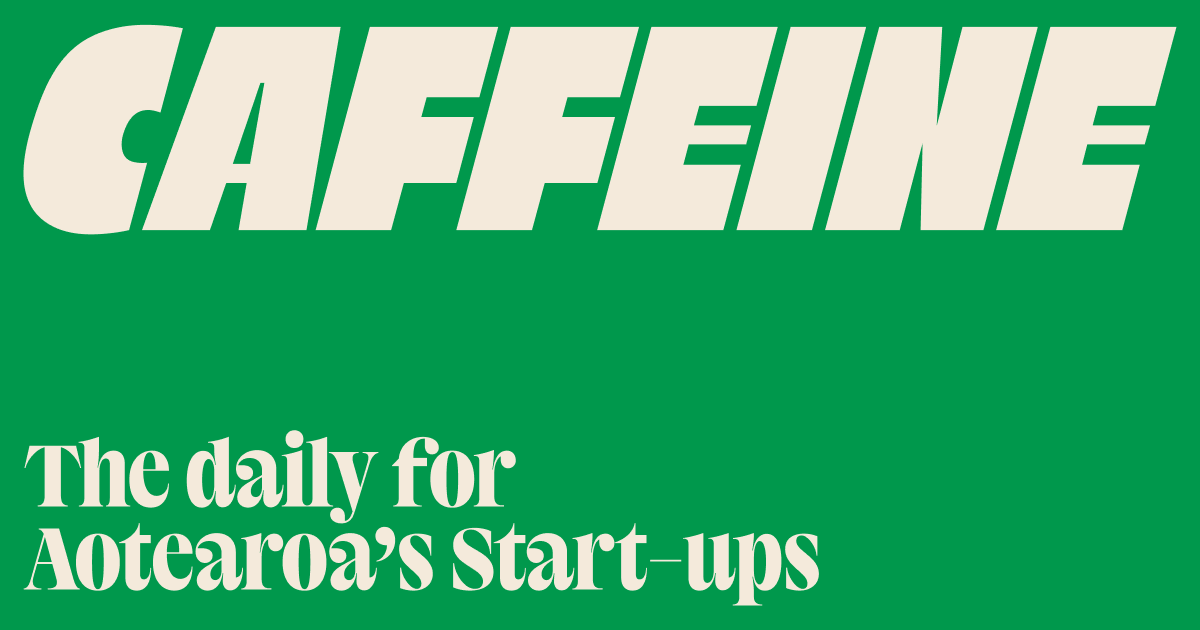 Brand design for Caffeine. Off-white, 70s era font, on a mossy green background.