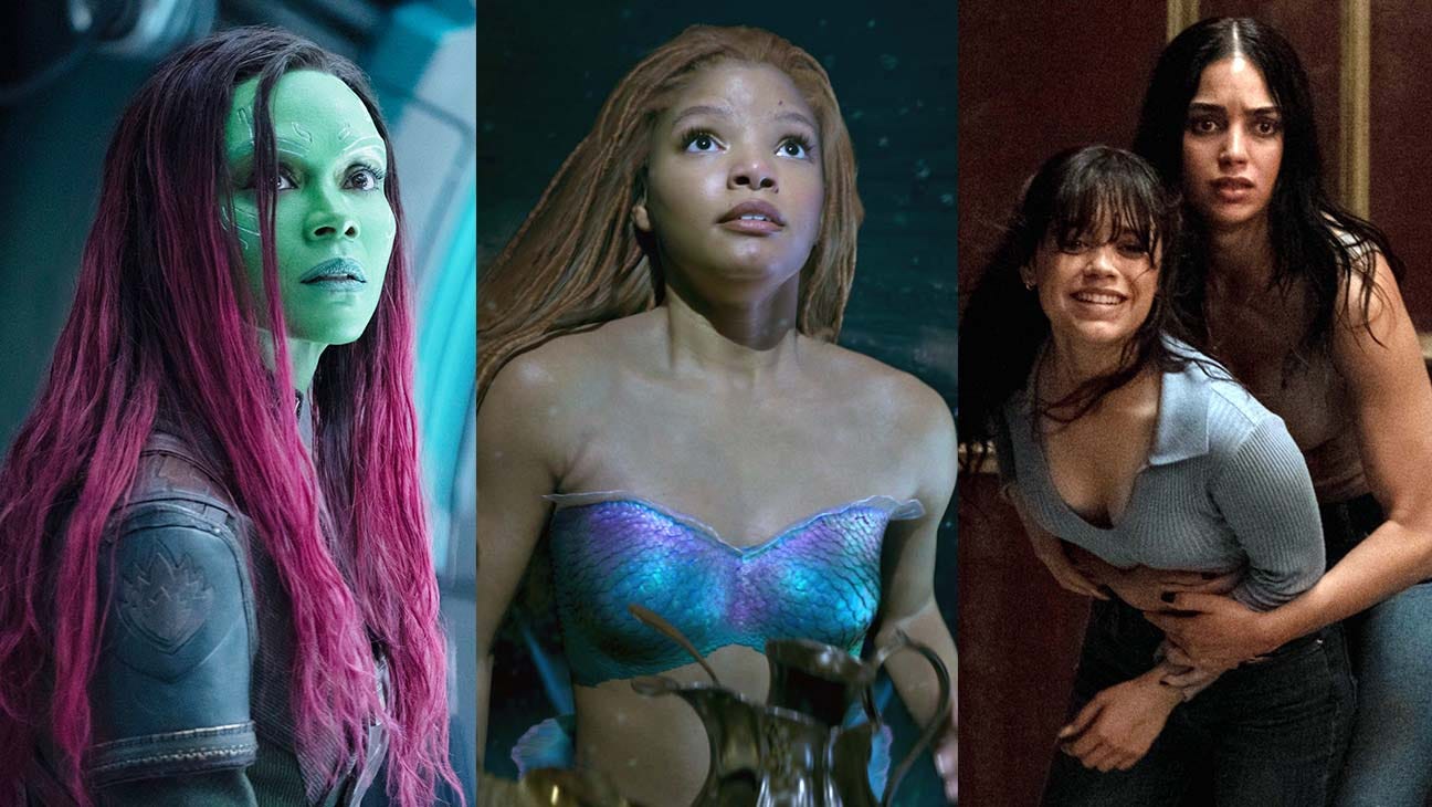 From left: Zoe Saldana with green skin and red hair in 'Guardians of the Galaxy Vol. 3,' Halle Bailey with red locs and an iridescent bikini in 'The Little Mermaid' and Jenna Ortega and Melissa Barrera looking distressed in 'Scream VI'