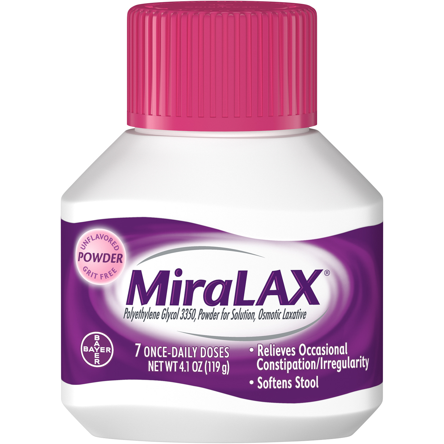 MiraLAX Polyethylene Glycol 3350 Powder Laxative, 4.1 Oz, 7 Dose ...