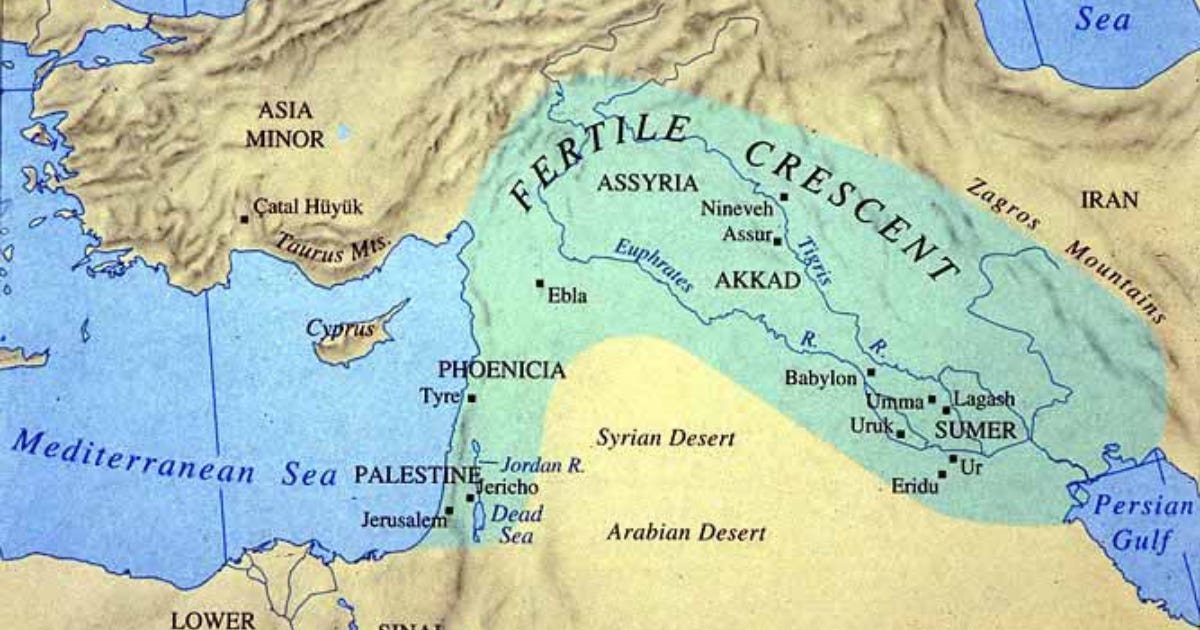 Screencap of an image of the Fertile Crescent, showing the general placement of Mesopotamian cities.