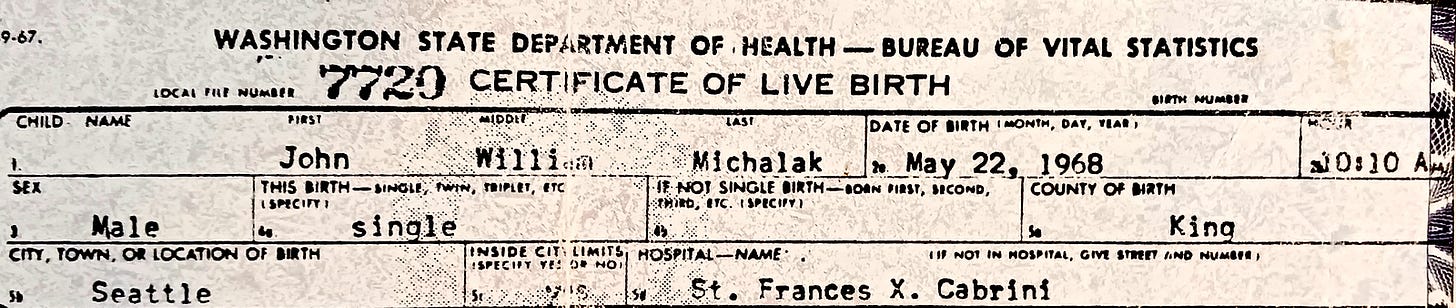 A photo copy of a birth certificate with different biological data. In one field, under Hospital Name, someone typed out the text, “St. Frances X. Cabrini.”