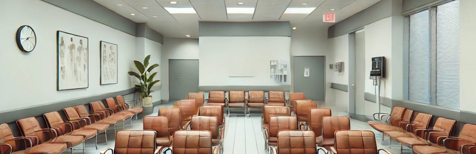 A large waiting room with many brown pleather chairs.