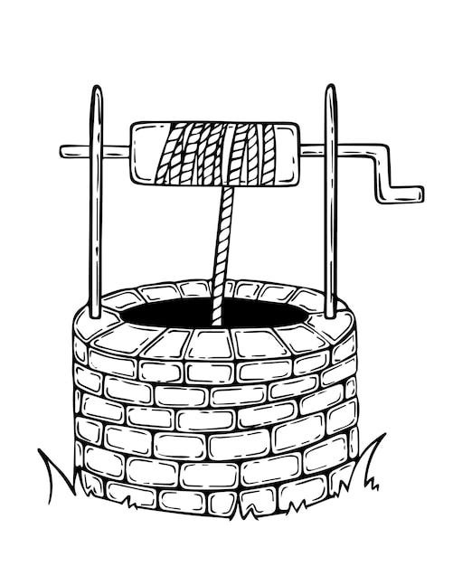 Premium Vector | Stone well with rope doodle linear