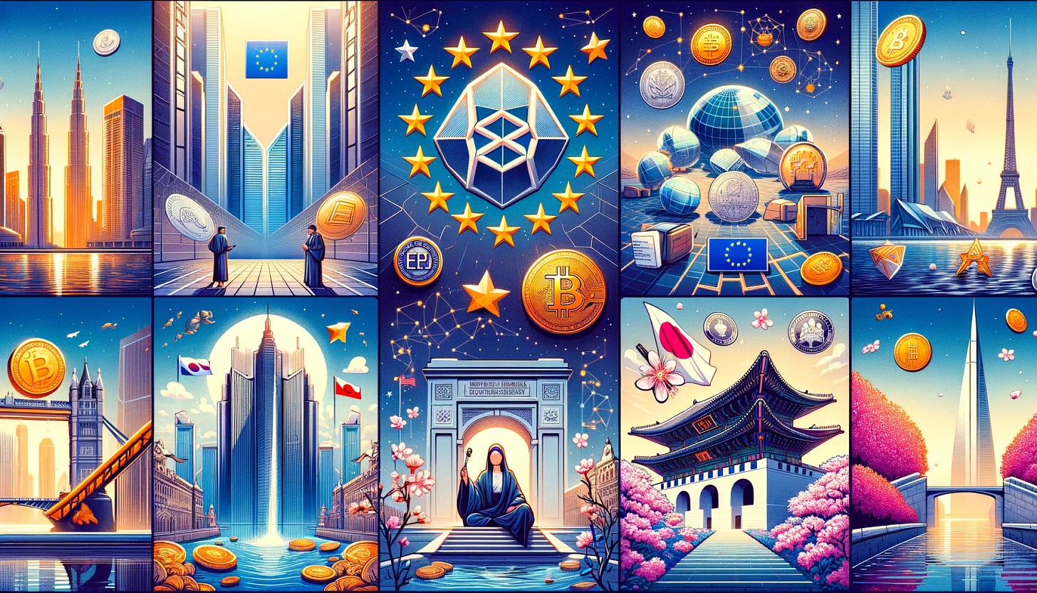 Create a collage representing the top 6 jurisdictions for cryptocurrency regulation, incorporating symbolic imagery and landmarks. Include Dubai with the Virtual Asset Regulatory Authority logo, the European Union with stars symbolizing the EU, Switzerland with a representation of the Swiss Financial Market Supervisory Authority, Japan with cherry blossoms and a traditional gate to signify the Payment Services Act, South Korea with imagery suggesting its stringent crypto regulations, and the United States with the Securities and Exchange Commission logo. Each section should visually capture the essence of the regulatory environment described, showcasing both the cultural and regulatory symbols. The overall aesthetic should be modern and cohesive, reflecting the global landscape of cryptocurrency regulation.