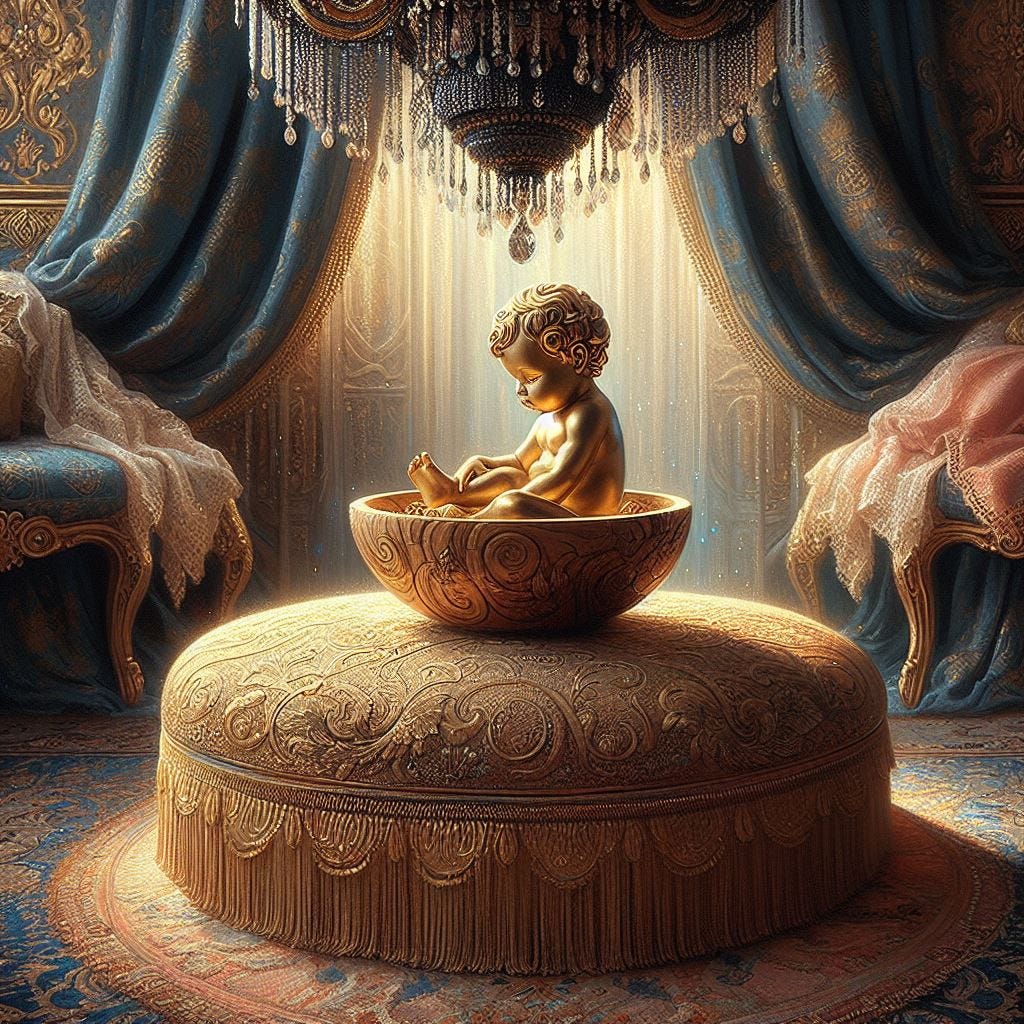 Chunky oil painting image;lensbaby focus on beautiful; Olive Wood Artisan Bowl holding a  golden baby statue. sitting on a circular  cream velvet embroidered with mono pattern silk/ ottoman on an ornate Persian rug. light coral and white lace on deep prussian blue heavy curtains with gold embroidery. beautful black chandelier over head dripping with and crystal with light glowing and shining through it onto the  Bowl of golden baby
