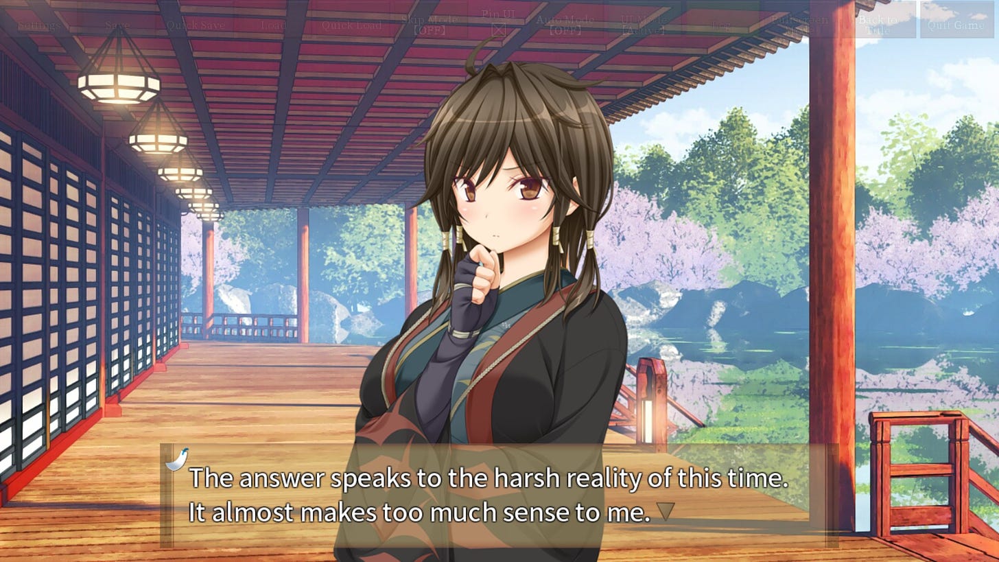 A brown-haired woman stands in front of the player with her hand on her chin while the player realizes how her answer to his questions reflects the harsh reality of this time