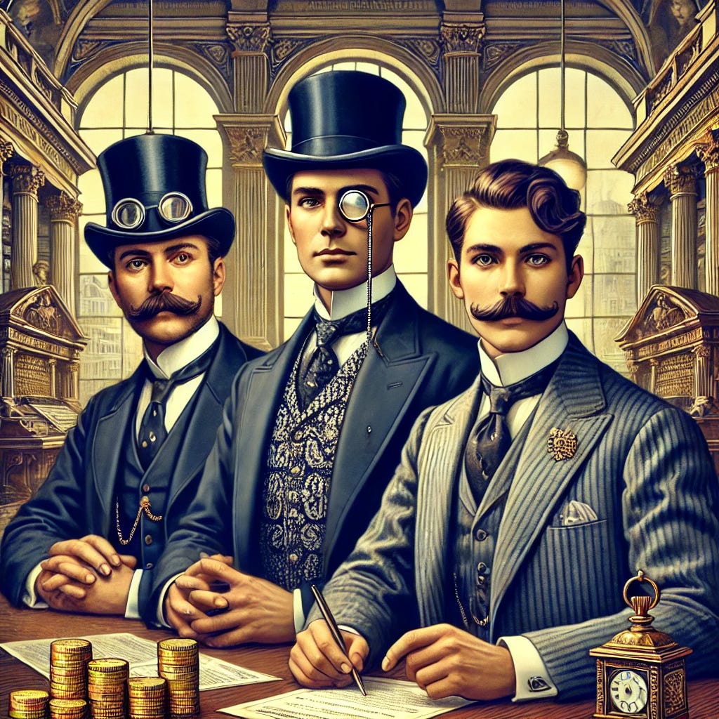 A historical illustration of British, Italian, and French bankers from the late 19th to early 20th century. The British banker is dressed in a formal suit with a top hat and monocle, symbolizing London's financial power. The Italian banker wears a tailored suit with a bow tie, reflecting Italy's growing banking sector. The French banker dons a stylish three-piece suit with a pocket watch, embodying Parisian financial influence. The three bankers are engaged in discussion over financial documents, with stacks of gold coins and bond certificates on the table. The setting is an opulent banking hall with grand chandeliers and wooden desks.