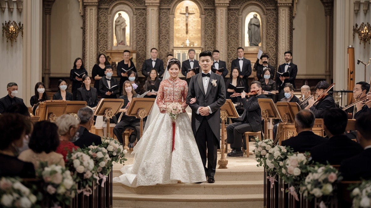 "A Chinese Christian Wedding. Luxurious settings. Beautiful picture, bride, groom, and parents and family on both sides, both young and old. Photorealistic. Choir with an orchestra of instruments. Panoramic Picture."