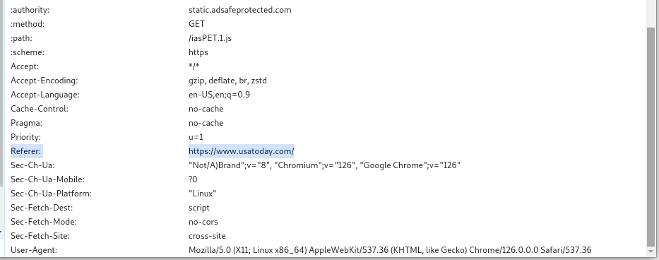 The browser requesting the JavaScript https://static.adsafeprotected.com/iasPET.1.js from https://www.usatoday.com will set the Referer HTTP header to https://www.usatoday.com/