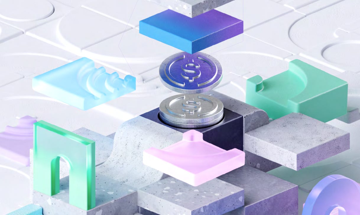 Illustration from Circle’s annual report, depicting stacked coins and cross-chain interoperability, emphasizing USDC’s impact in digital payments.