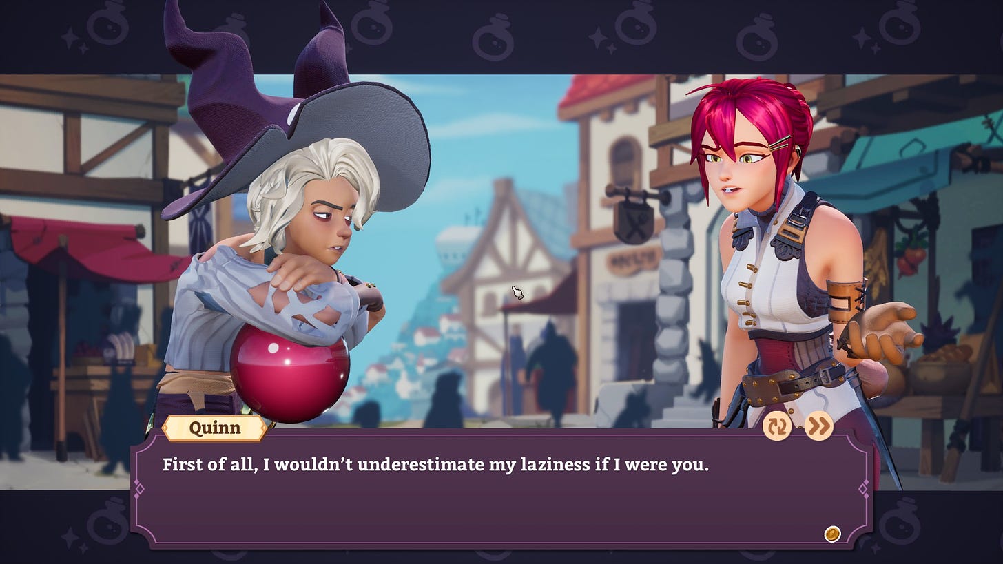 Screenshot from Potionomics, Quinn saying "First of all, I wouldn't underestimate my laziness if I were you."