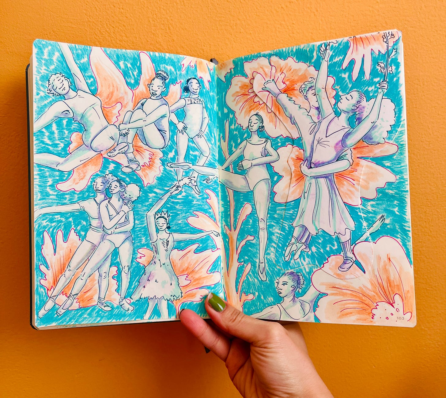 A vibrant two-page spread of ballerinas drawn with pen, marker, and colored pencils.