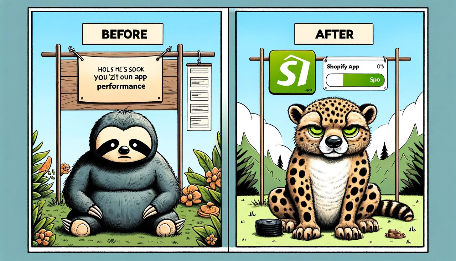 A comic strip in two panels illustrating the transformation of a sloth into a cheetah, serving as an analogy for optimizing app performance. The setting is simplistic and focuses on the characters to convey the message clearly.

Panel 1: Features a sloth looking tired and sluggish, surrounded by a background that indicates slowness or inefficiency. The sloth is sitting beside a sign that reads 'Shopify App', with a caption below saying 'Before'. The sloth's expression should convey a sense of being overwhelmed or too slow to react, embodying the pre-optimization state of an app.

Panel 2: Shows a cheetah in the exact position where the sloth was, now surrounded by a background that suggests speed and efficiency. The cheetah is next to the same 'Shopify App' sign, with a caption below saying 'After'. The cheetah's posture and expression should exude confidence and readiness, symbolizing the app's improved performance post-optimization.