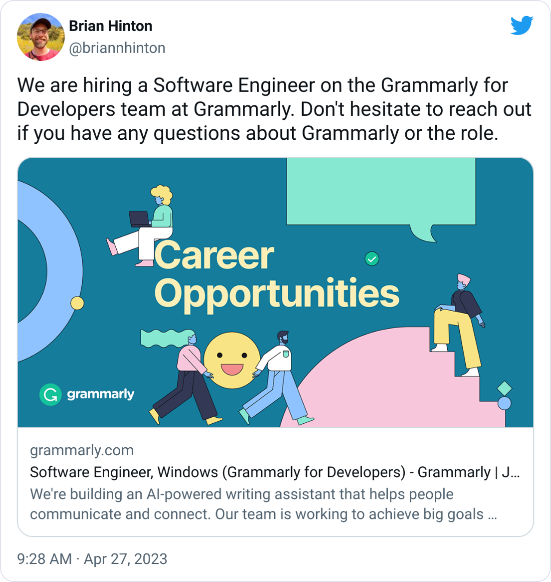 Brian Hinton @briannhinton We are hiring a Software Engineer on the Grammarly for Developers team at Grammarly. Don't hesitate to reach out if you have any questions about Grammarly or the role.