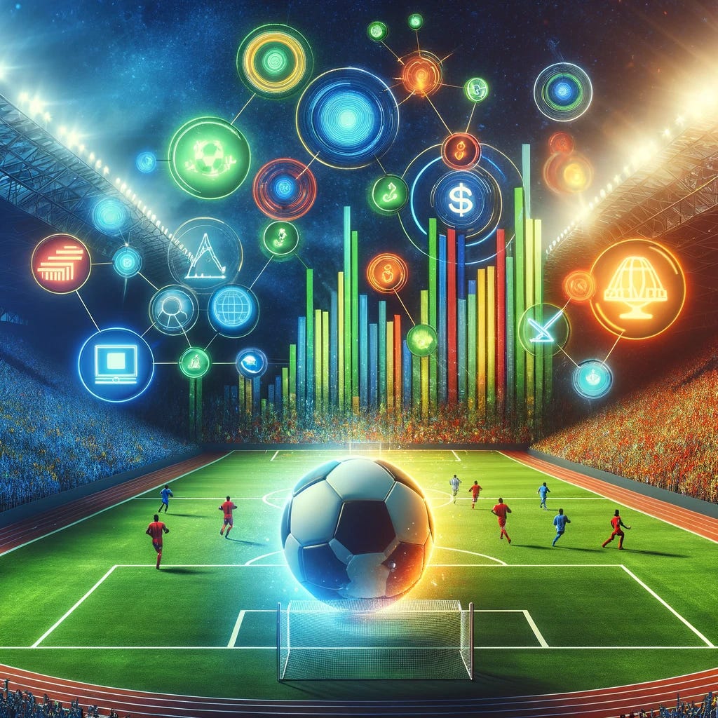 An image representing the financial dynamics in football, without any text. The scene includes a vibrant and colorful football stadium filled with fans, symbolizing matchday revenue. Additionally, include abstract symbols or representations of broadcasting and commercial sales revenue streams, integrated into the scene. The focus is on conveying growth and prosperity in the football industry. The image should have a modern, professional appearance, suitable for a business article, with a vibrant color palette to reflect the excitement and energy of football.