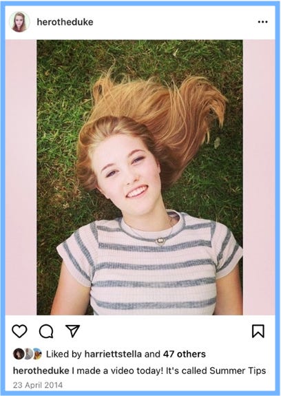 Hero's Insta | Hero smiles up at the camera from where she is lying down on the grass. She wears a simple striped top and her hair fans out above her head. | Caption reads: I made a video today! It's called Summer Tips