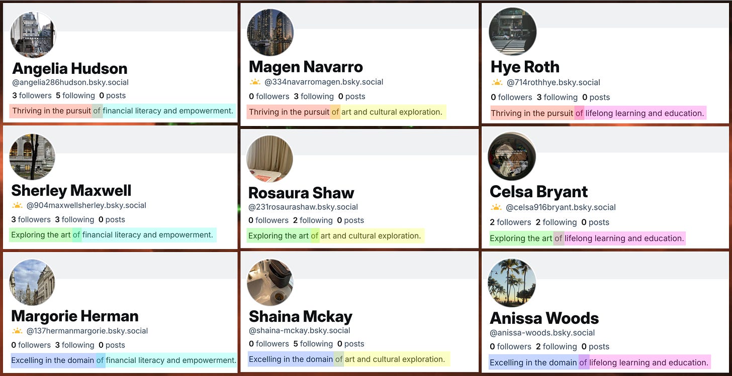 collage of the profiles of nine spam accounts, with repeated portions of their biographies highlighted