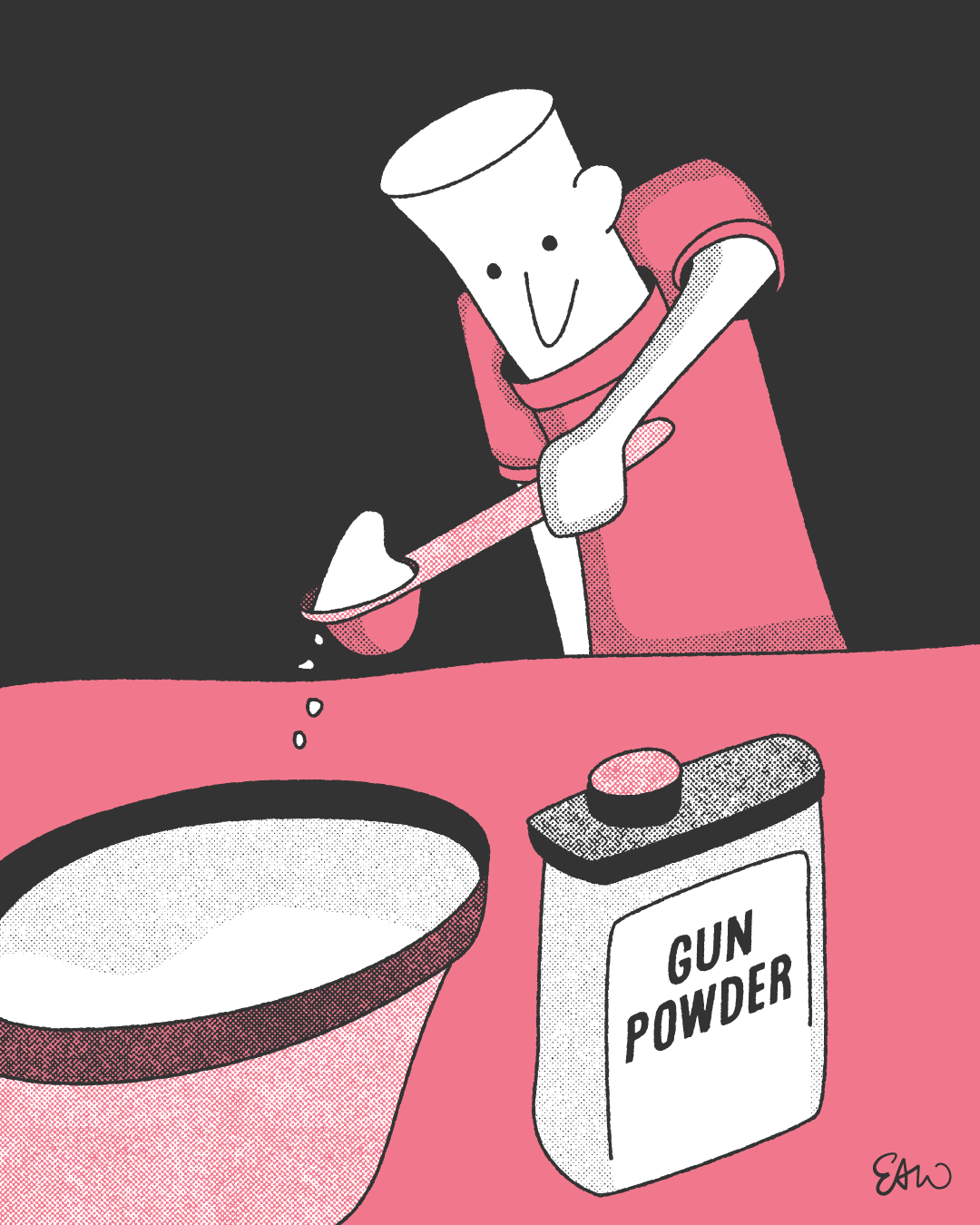 Illustration of a character scooping a small teaspoon of gun powder with extra care.
