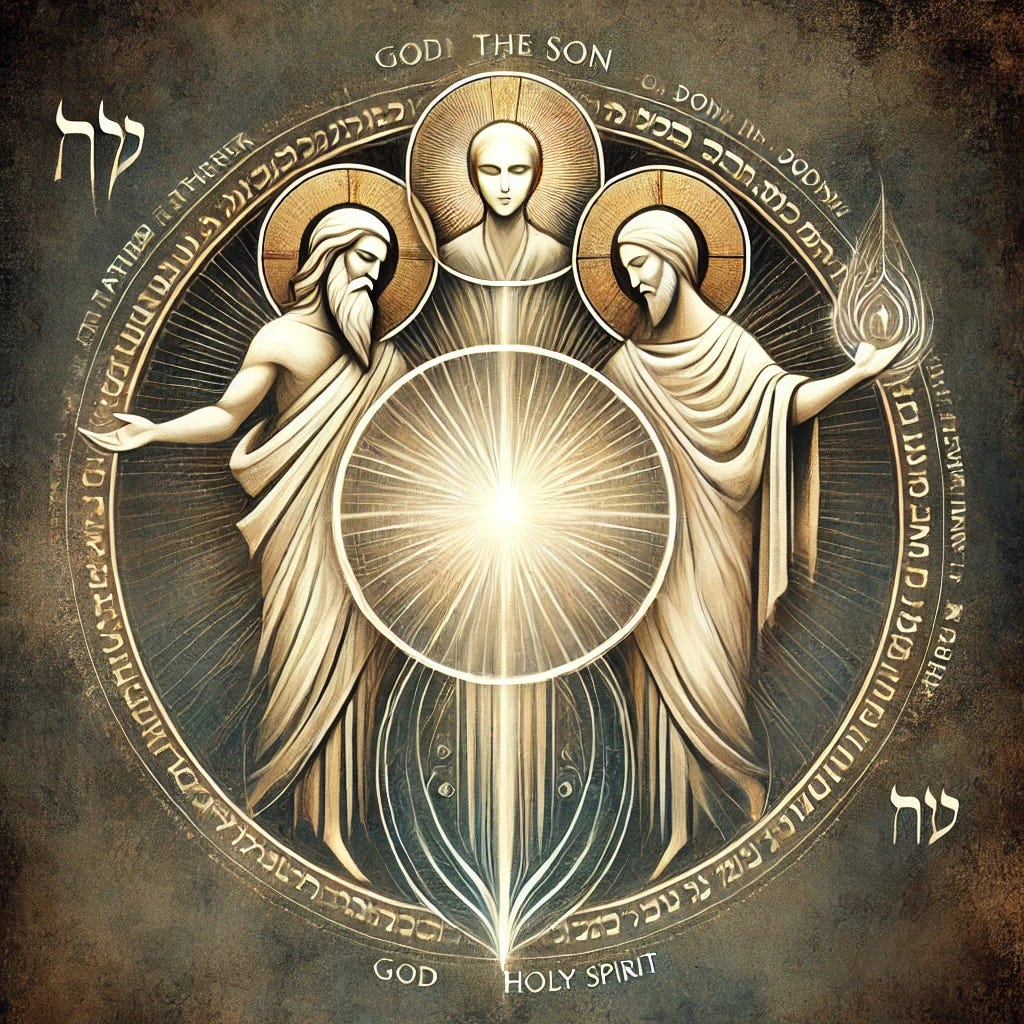 A symbolic depiction of the Christian Trinity, featuring three distinct but interconnected figures representing God the Father, God the Son, and God the Holy Spirit. The imagery includes a divine light surrounding all three figures to show their unity, with subtle scriptural and Hebrew elements integrated to emphasize their shared nature and deep roots in biblical tradition. The artwork should be respectful and abstract, avoiding any literal human depiction, to capture the spiritual essence of the Trinity.