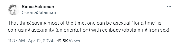 Tweet that reads: "That thing saying most of the time, one can be asexual "for a time" is confusing asexuality (an orientation) with celibacy (abstaining from sex)."