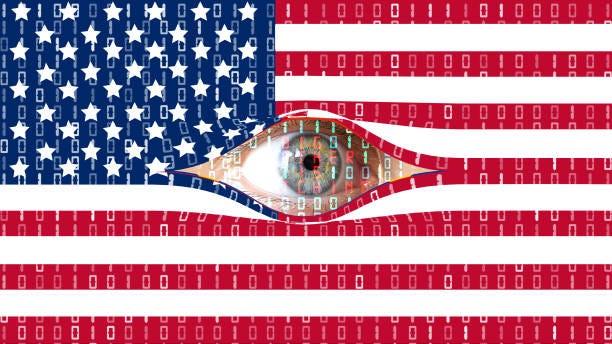 Internet spying, surveillance, and cyber security in USA The eyes of Big Brother is watching secretly from behind the digital curtain of the USA flag big tech censorship stock pictures, royalty-free photos & images