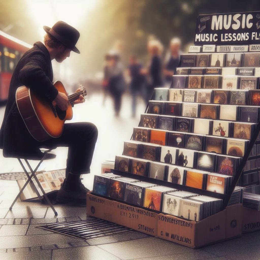 Busker offering CDs and Music lessons