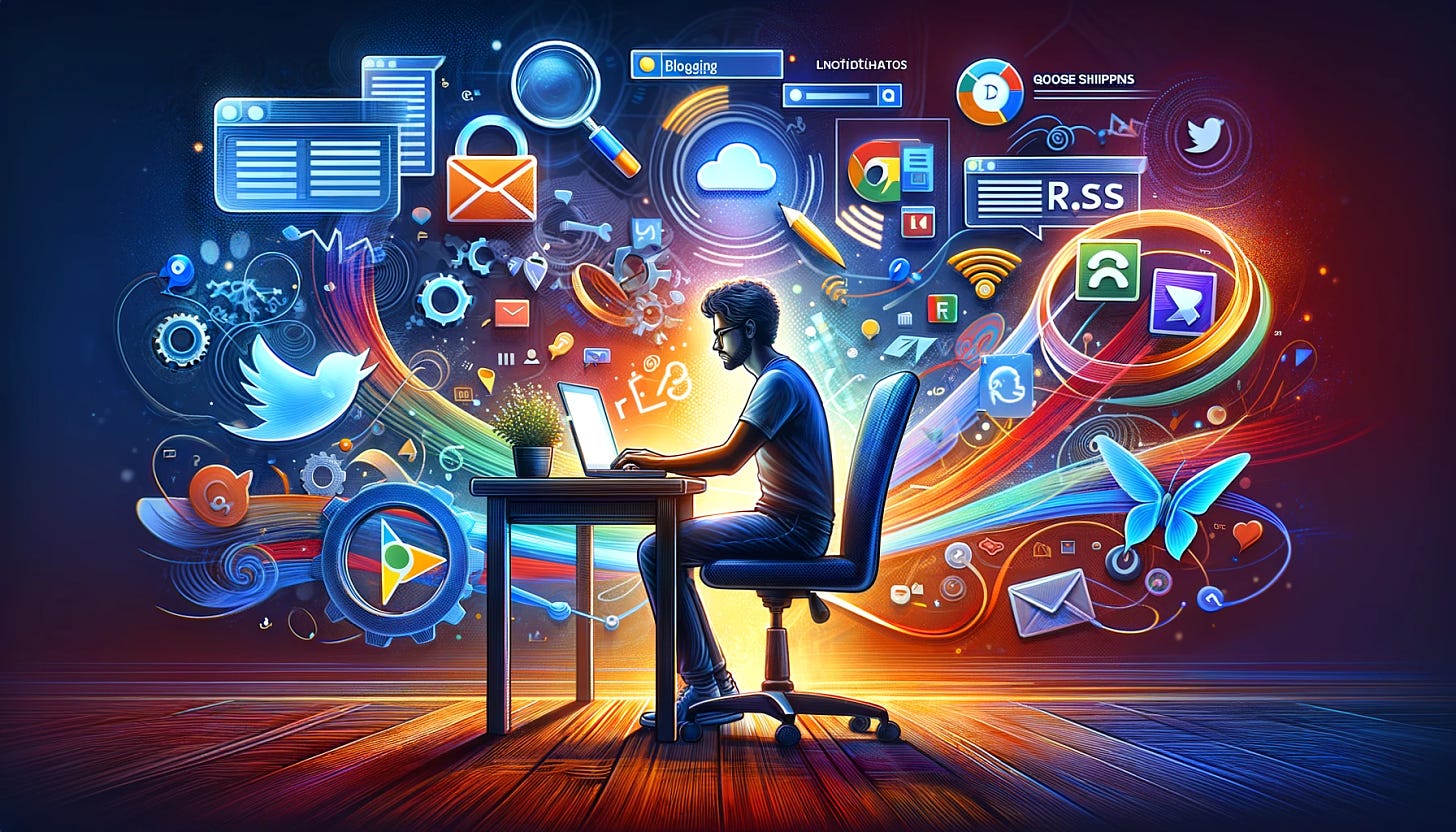 A modern, vibrant illustration of a novelist at a desk, typing on a laptop with various digital elements around them, symbolizing blogging, search engine results, and social media. The background features icons of Google Rich Snippets, RSS feeds, email notifications, and social media platforms. The scene is energetic, showcasing the interconnected nature of content creation and distribution in the digital age.