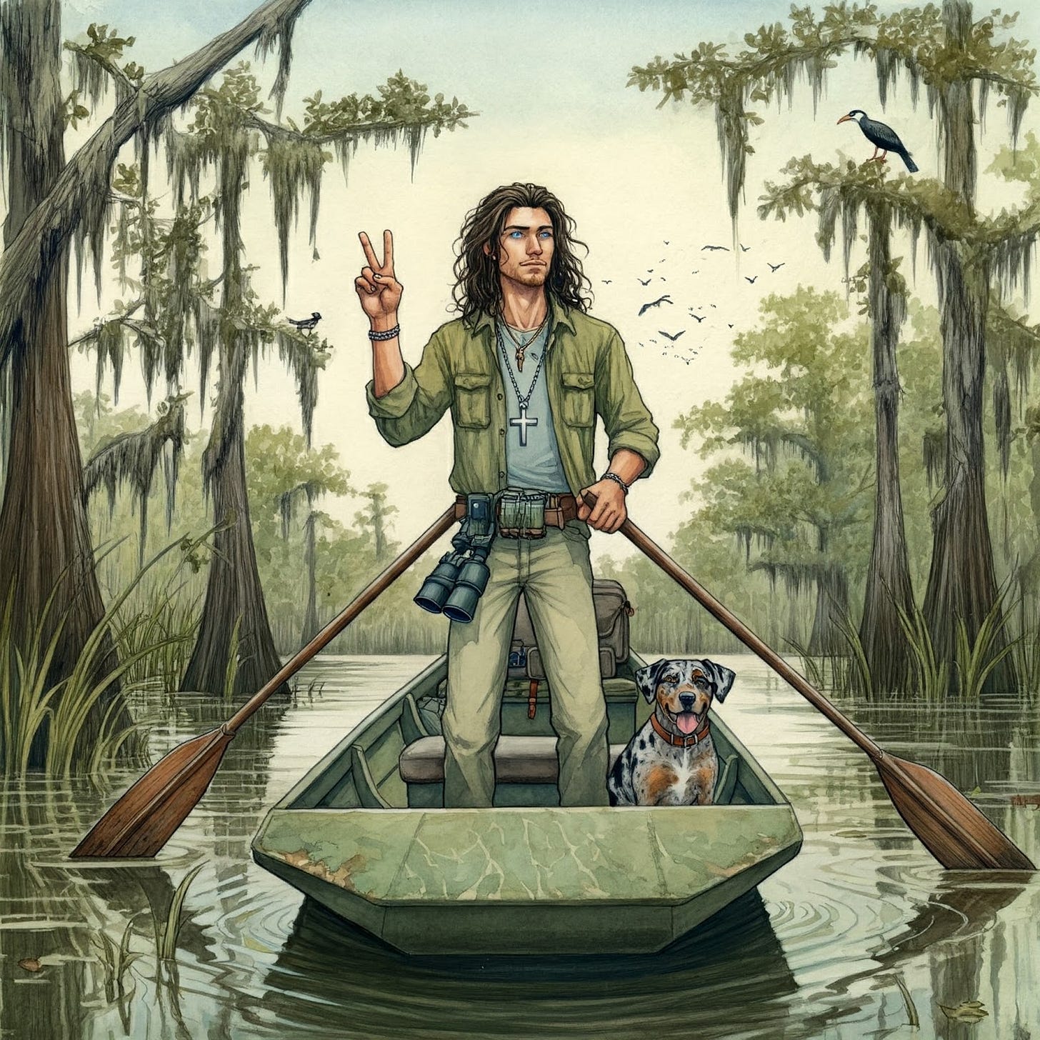 Image of young Etienne Forest in bayou birdwatching with his catahoula leopard dog