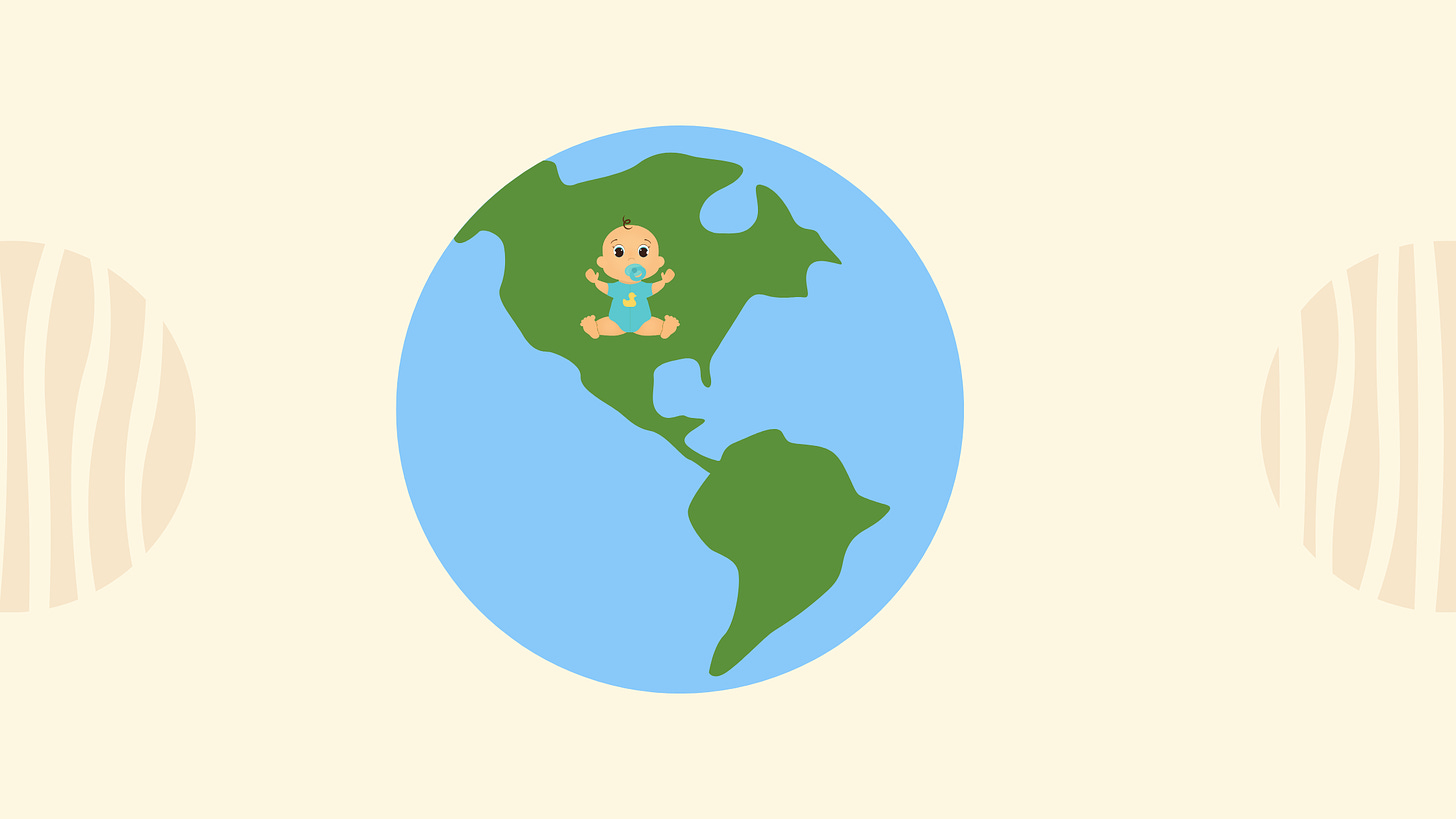 Illustrated baby sitting over an image of a globe.