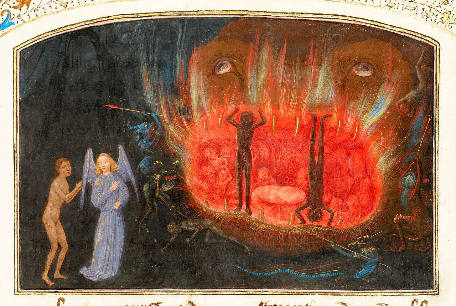a page from an illustrated manuscript. it shows a dark image; to the left, a naked man presses his hands together in prayer before an angel, draped in blue. taking up the majority of the image is a large mouth of what appears to be an orange fish like creature. the mouth is burning red with flames rising up from it, and inside dim figures can be seen moving around. the mouth is propped open by two figures, one standing upright, its arms aloft, the other standing on its head, holding the mouth open with its feet. they are cast in shadow by the flames from the creature’s mouth. all around them, demonic figures laugh and prod at them with spears.