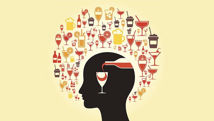 Human head surrounded by various types of alcoholic beverages.