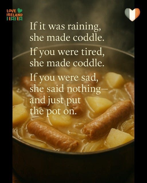 May be an image of slow cooker and text that says "LOVE IRELAND HAJIA If it was raining, she made coddle. If you were were tired, she made coddle. If you were sad, she said nothing- and just put the pot on."