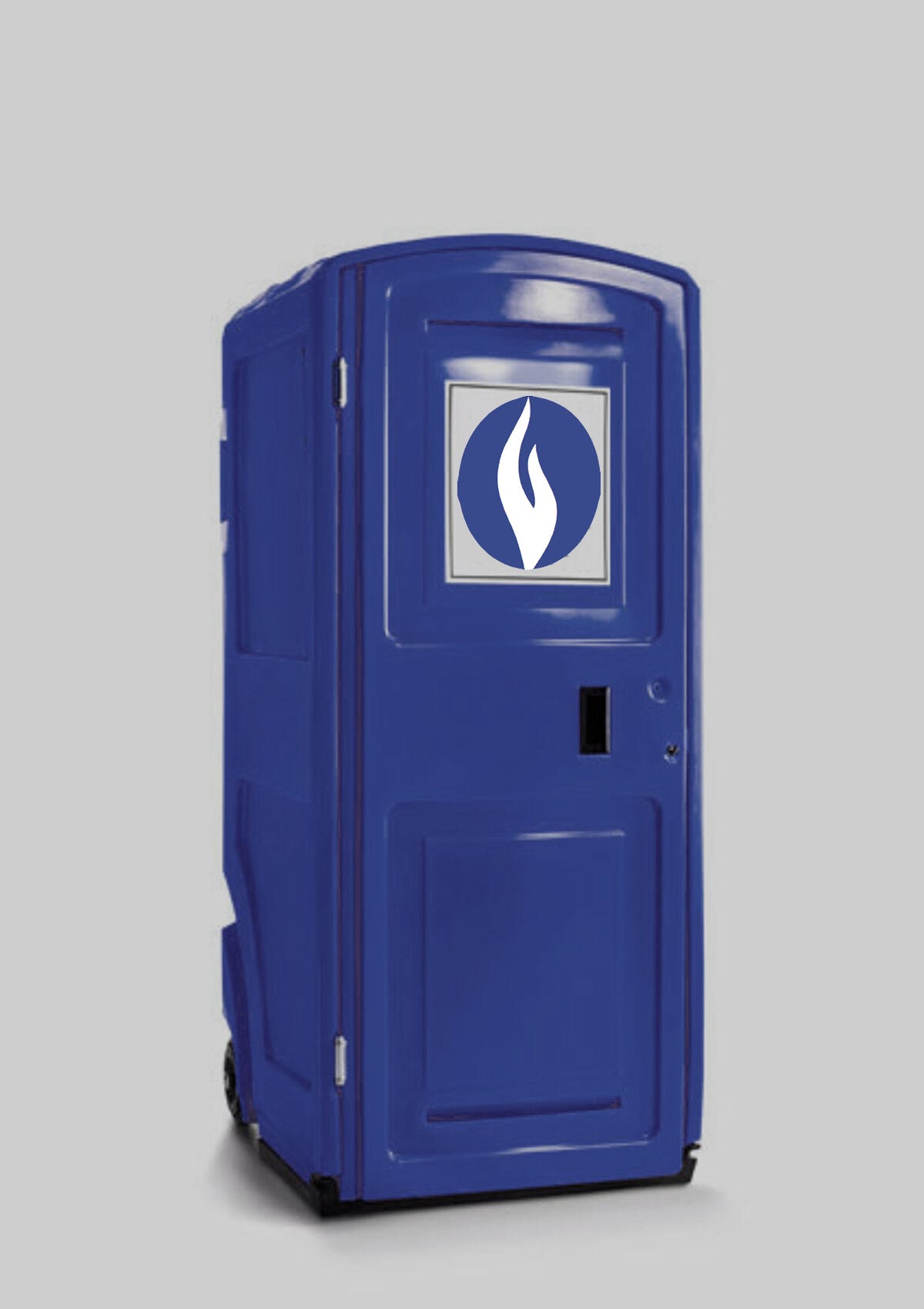 Photoshop van een blauwe toi-toi toilet in politieblauw met een gelijkaardig logo.