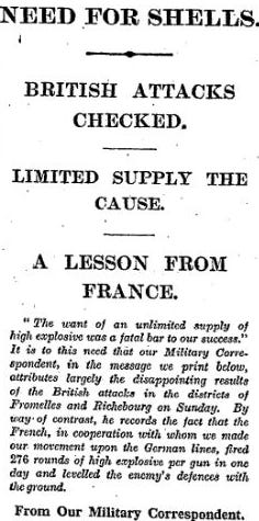 Newspaper extract about the "NEED FOR SHELLS"