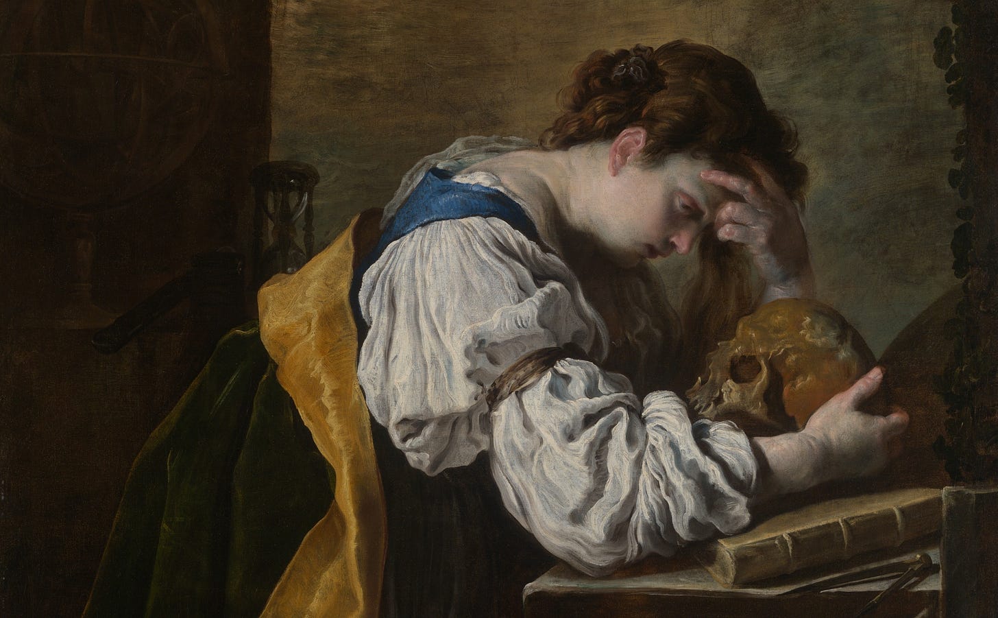 Oil painting depicting a woman in a silken gown leaning over a desk of books, staring at a human skull