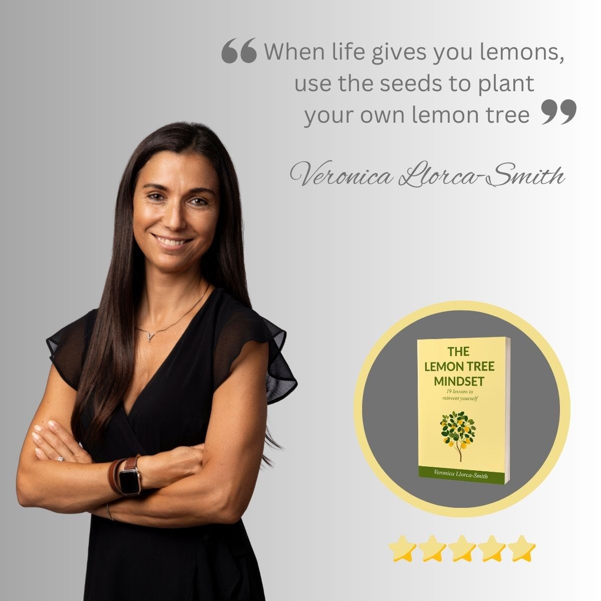Brunette woman with a black dress and crossed arms. Picture of the book The Lemon Tree mIndset. Yellow cover with a green tree. 