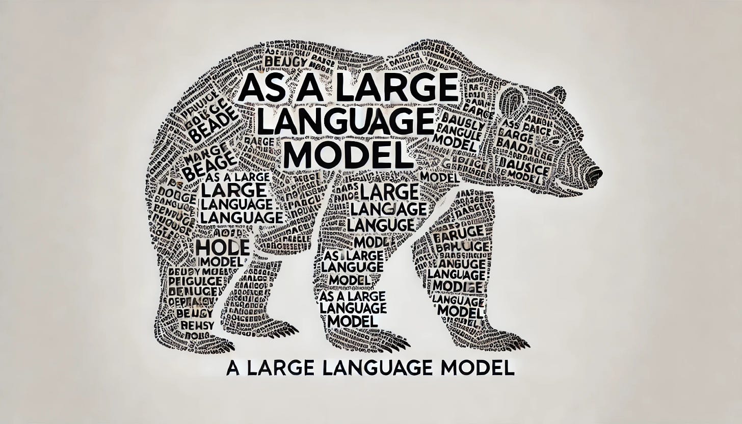 A grizzly bear made of text forming the phrase 'As a large language model.' The bear's outline and details should be composed entirely of text, with the phrase standing out. The aspect ratio should be 5:3.