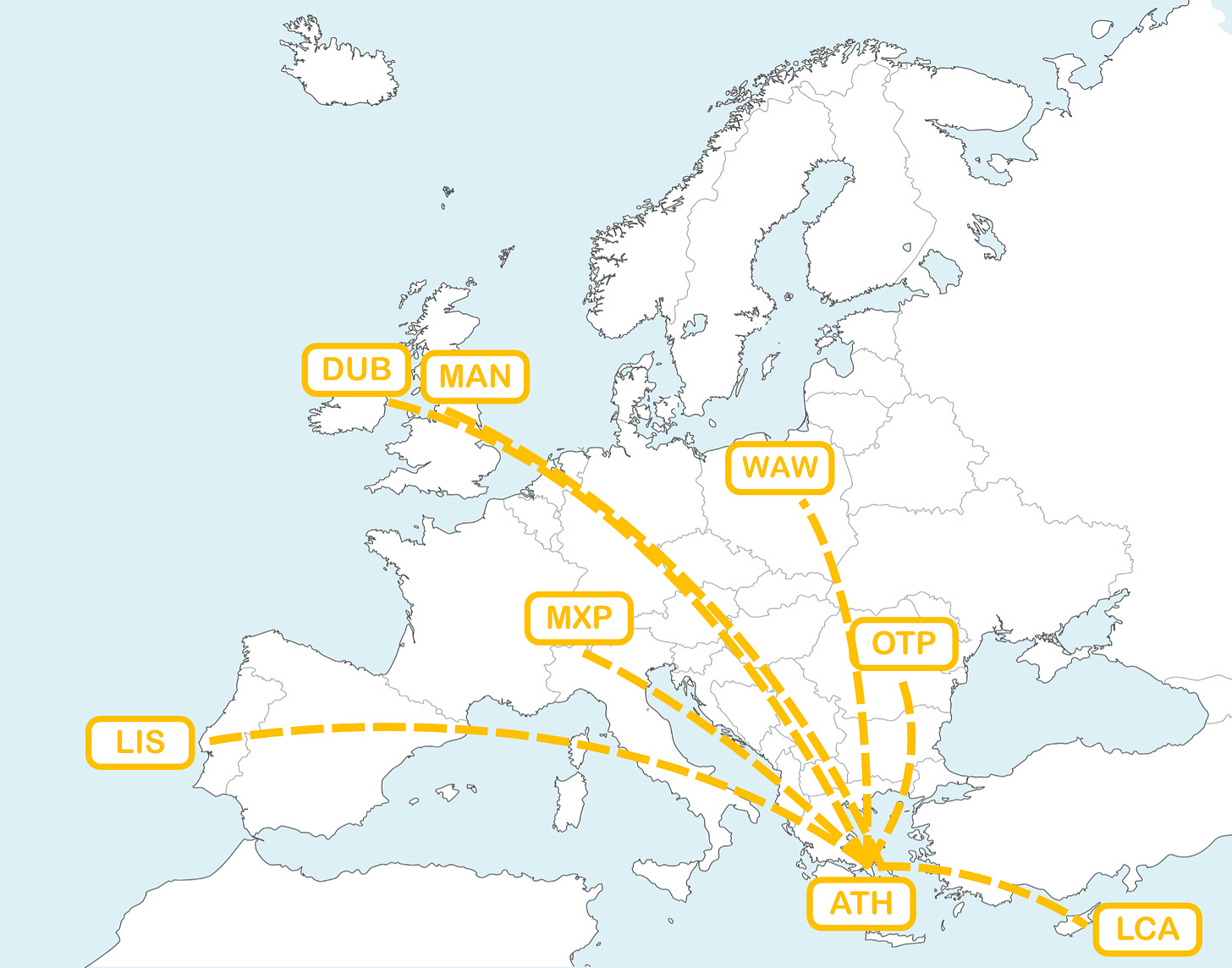 Ο χάρτης της Ευρώπης με τους ιδανικούς προορισμούς (miles-wise) στο δίκτυο της Aegean για business ταξίδια