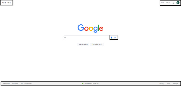 The google.com page, which has a number of different options at the bottom left the right and right next to the search bar. This includes things like Gmail, store, accessibility, and all the other Google suite products.